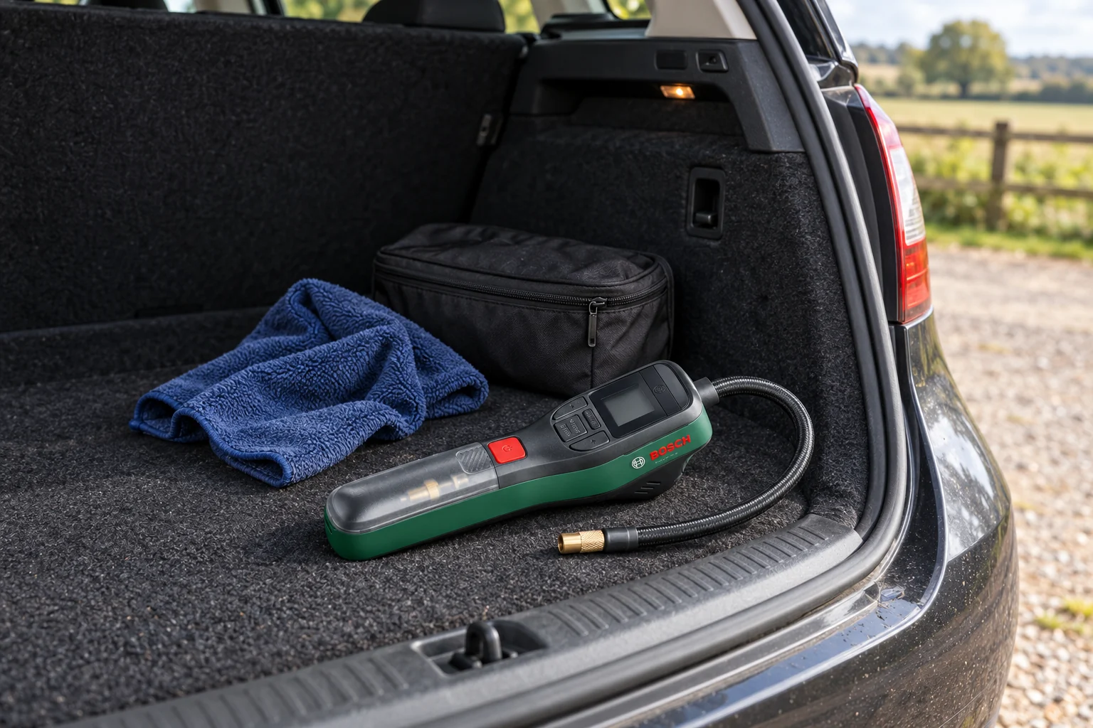 Illustration of a Bosch EasyPump stored in a car boot