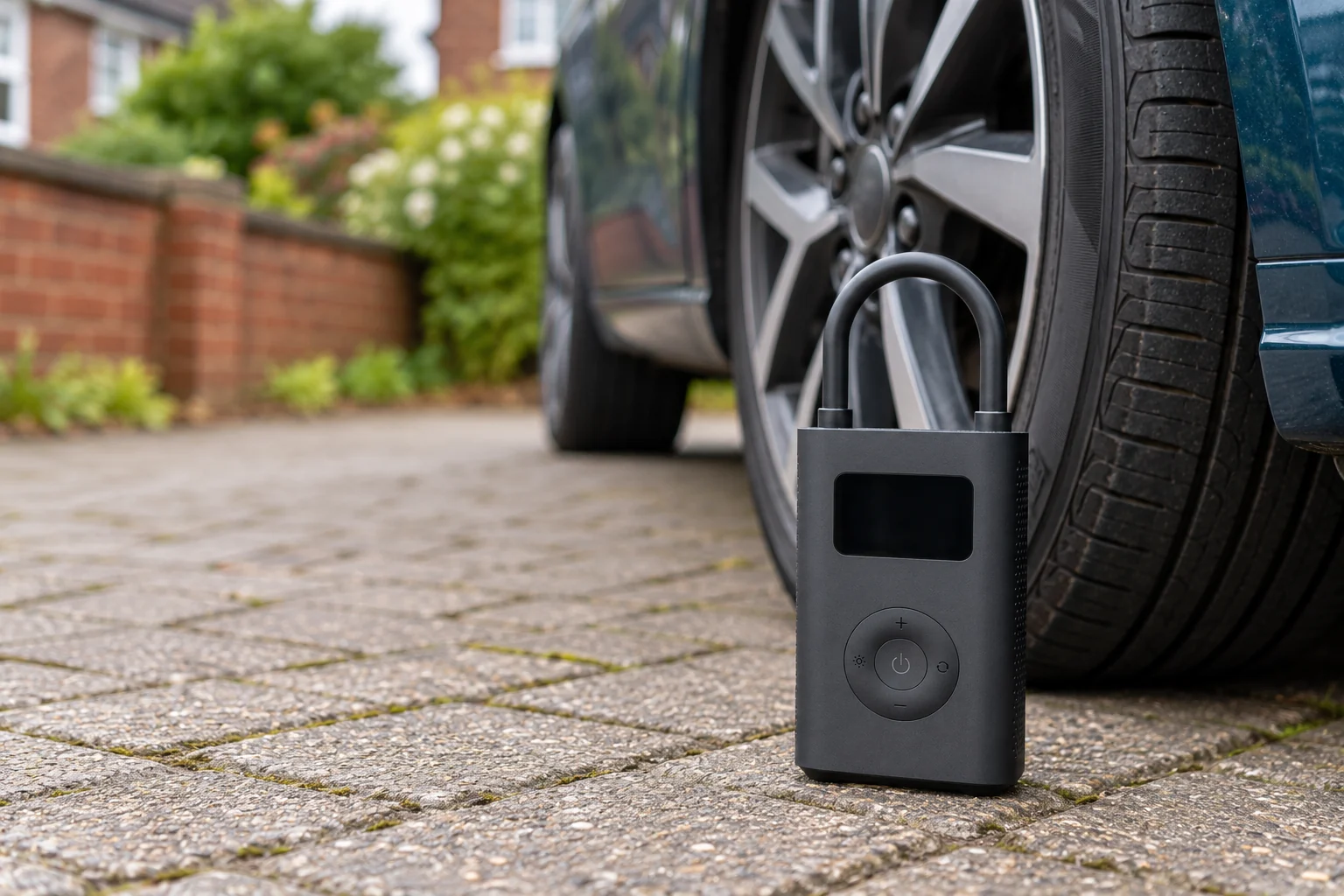 Illustration of a Xiaomi Air Compressor 2 beside a parked car on a driveway